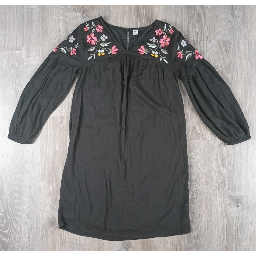 Old Navy Women's Dress Black Size XS Embroidered Floral V Neck Long Puff Sleeve